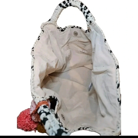 Billabong Talk to The Palm Black Striped Pompom Woven Tote Boho Beach Bag - Picture 6 of 13